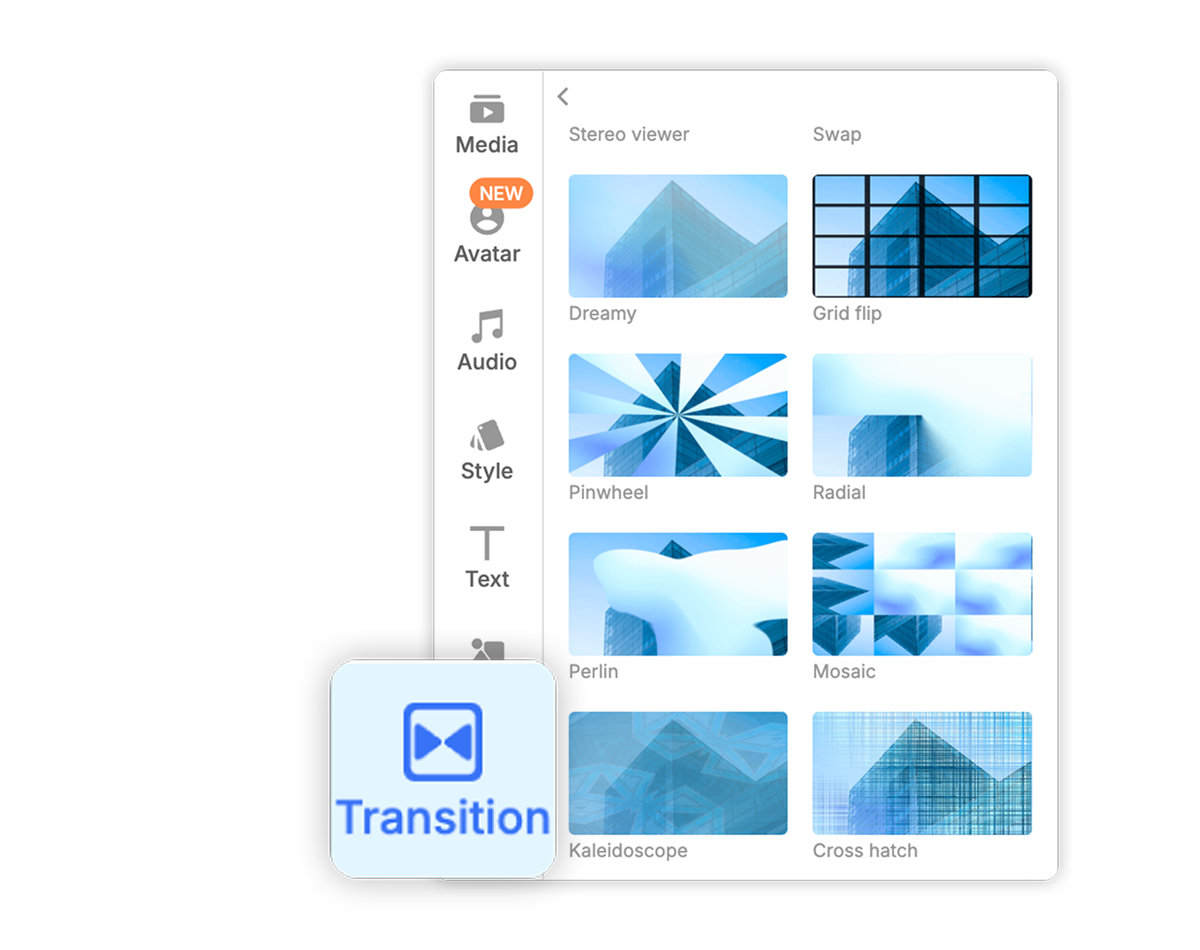 Visla transitions panel showing zoom, ripple, and morph options applied to a product intro